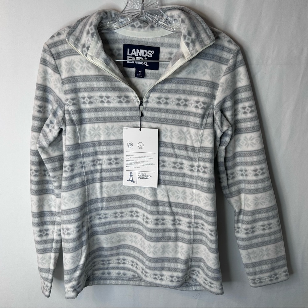NWT Lands’ End Gray White Women Neutral FairIsle Fleece Quarter Zip Pullover XS